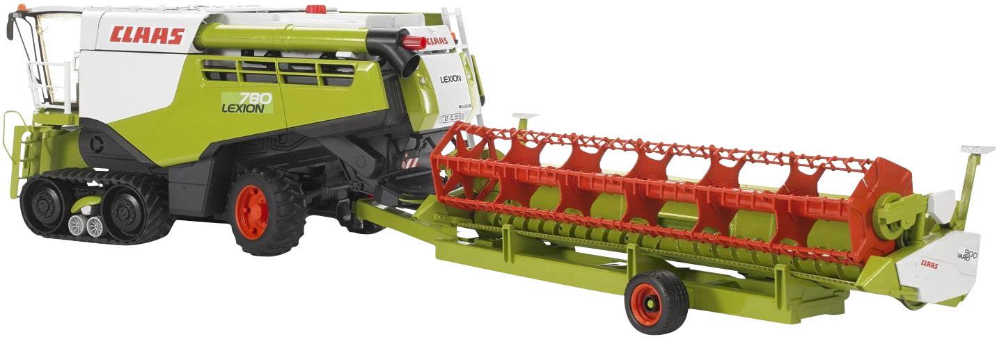 Ein hellgrüner Mähdrescher mit der Aufschrift 'CLAAS LEXION 780', verbunden mit einem roten Mähwerk, steht auf Display.