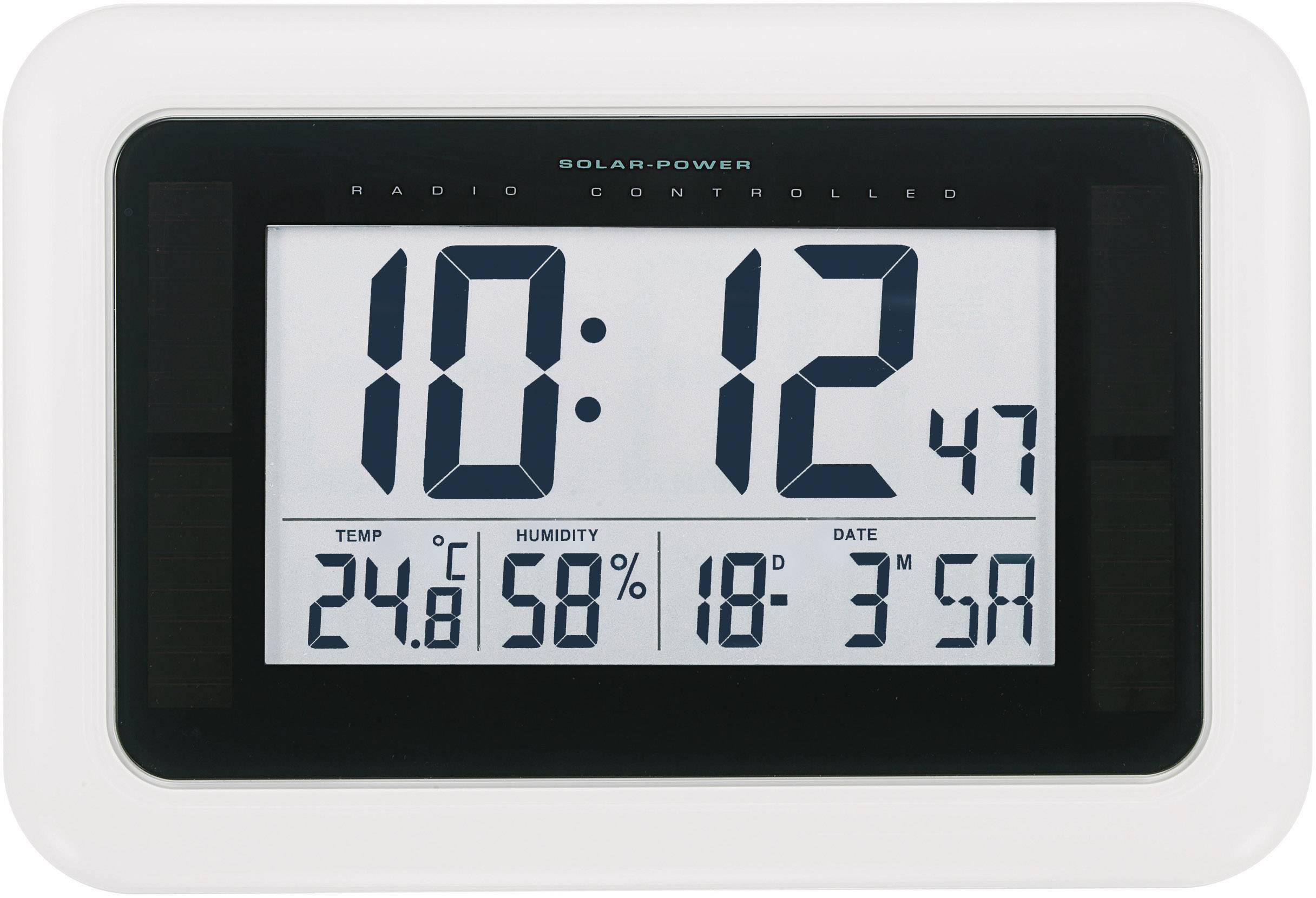 Eine digitale Funkuhr zeigt die Zeit 10:12:47, Temperatur 24,8°C, Luftfeuchtigkeit 58% und das Datum 18. März, Samstag.