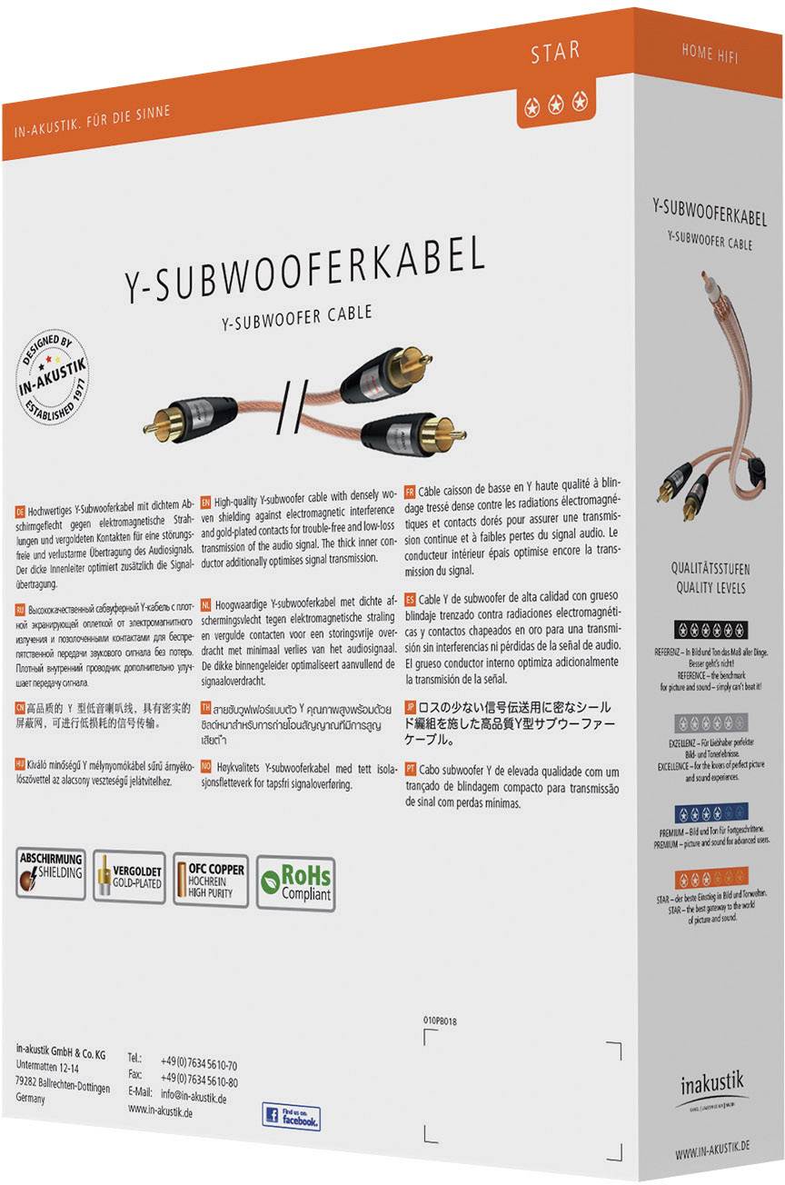 Inakustik 0030825 Cinch Audio Anschlusskabel [2x Cinch-Stecker - 1x Cinch-Stecker] 5.00 m Transparent vergoldete Steckkontakte