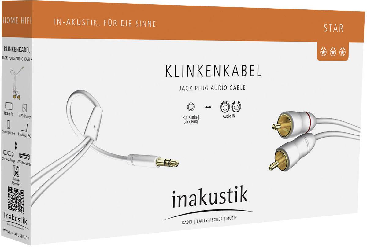 Inakustik 00310005 Cinch / Klinke Audio Anschlusskabel [2x Cinch-Stecker - 1x Klinkenstecker 3.5 mm] 5.00 m Weiß vergoldete Steckkontakte