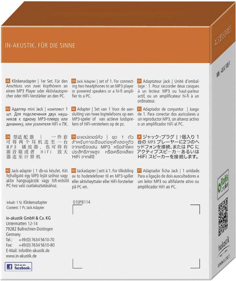 Inakustik 00310302 Klinke Audio Y-Kabel [1x Klinkenstecker 3.5 mm - 2x Klinkenbuchse 3.5 mm] 10.00 cm Weiß