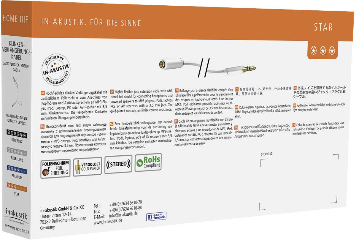Inakustik 00310503 Klinke Audio Verlängerungskabel [1x Klinkenstecker 3.5 mm - 1x Klinkenbuchse 3.5 mm] 3.00 m Weiß vergoldete Steckkontakte