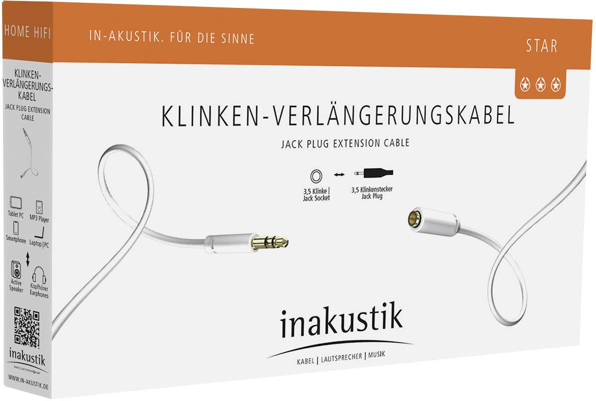 Inakustik 00310505 Klinke Audio Verlängerungskabel [1x Klinkenstecker 3.5 mm - 1x Klinkenbuchse 3.5 mm] 5.00 m Weiß vergoldete Steckkontakte