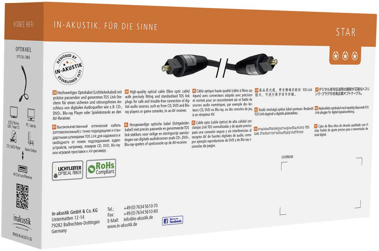Inakustik Toslink Digital-Audio Anschlusskabel [1x Toslink-Stecker (ODT) - 1x Toslink-Stecker (ODT)] 1.50 m Schwarz