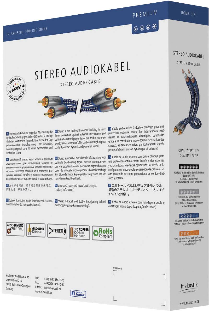 Inakustik 0040405 Cinch Audio Anschlusskabel [2x Cinch-Stecker - 2x Cinch-Stecker] 5.00 m Blau, Silber vergoldete Steckkontakte