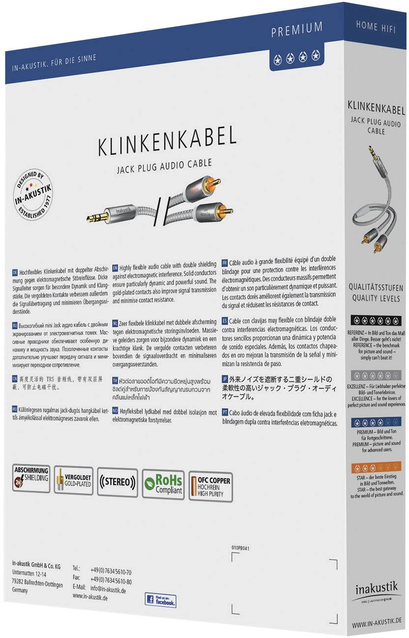 Inakustik 004100015 Cinch / Klinke Audio Anschlusskabel [2x Cinch-Stecker - 1x Klinkenstecker 3.5 mm] 1.50 m Weiß, Silber vergoldete Steckkontakte