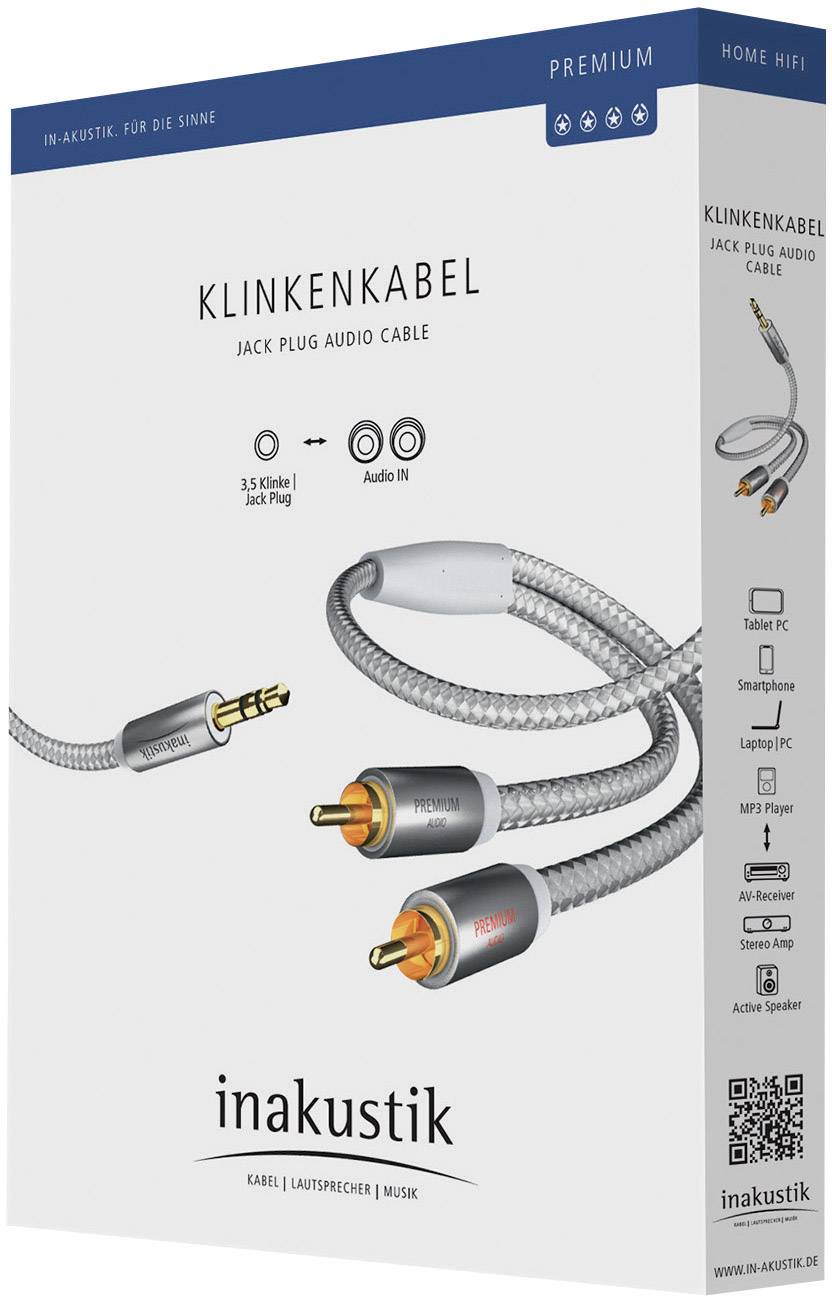 Inakustik 00410003 Cinch / Klinke Audio Anschlusskabel [2x Cinch-Stecker - 1x Klinkenstecker 3.5 mm] 3.00m Weiß, Silber
