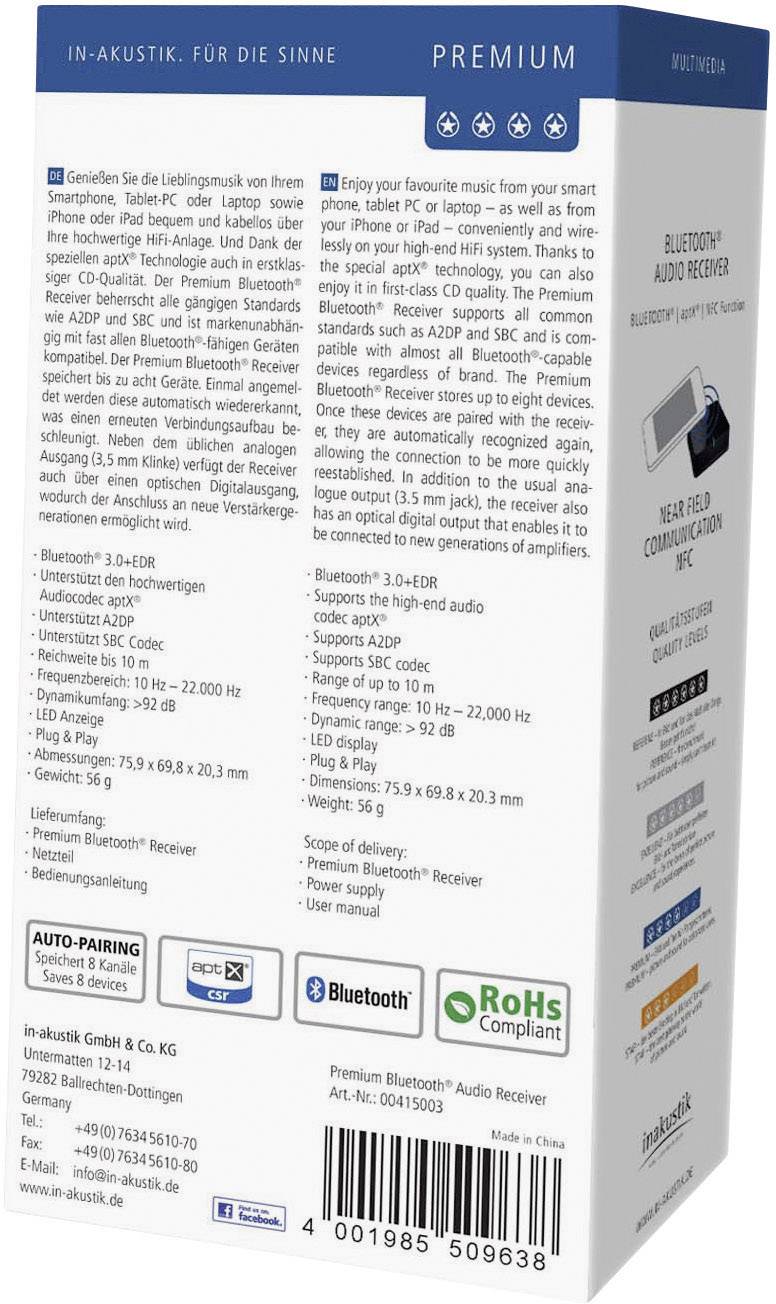 Inakustik 00415003 Bluetooth® Musik-Empfänger Bluetooth Version: 3.0, A2DP, SBC 10 m