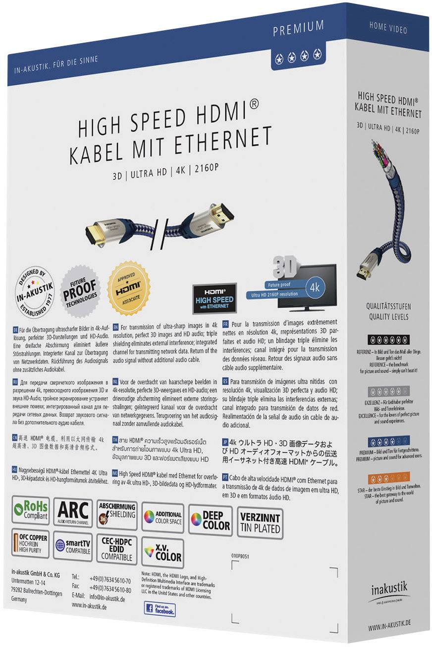 Inakustik HDMI Anschlusskabel HDMI-A Stecker, HDMI-A Stecker 3.00 m Silber-Blau 0042303 Audio Return Channel, vergoldete Steckkontakte, gesleeved