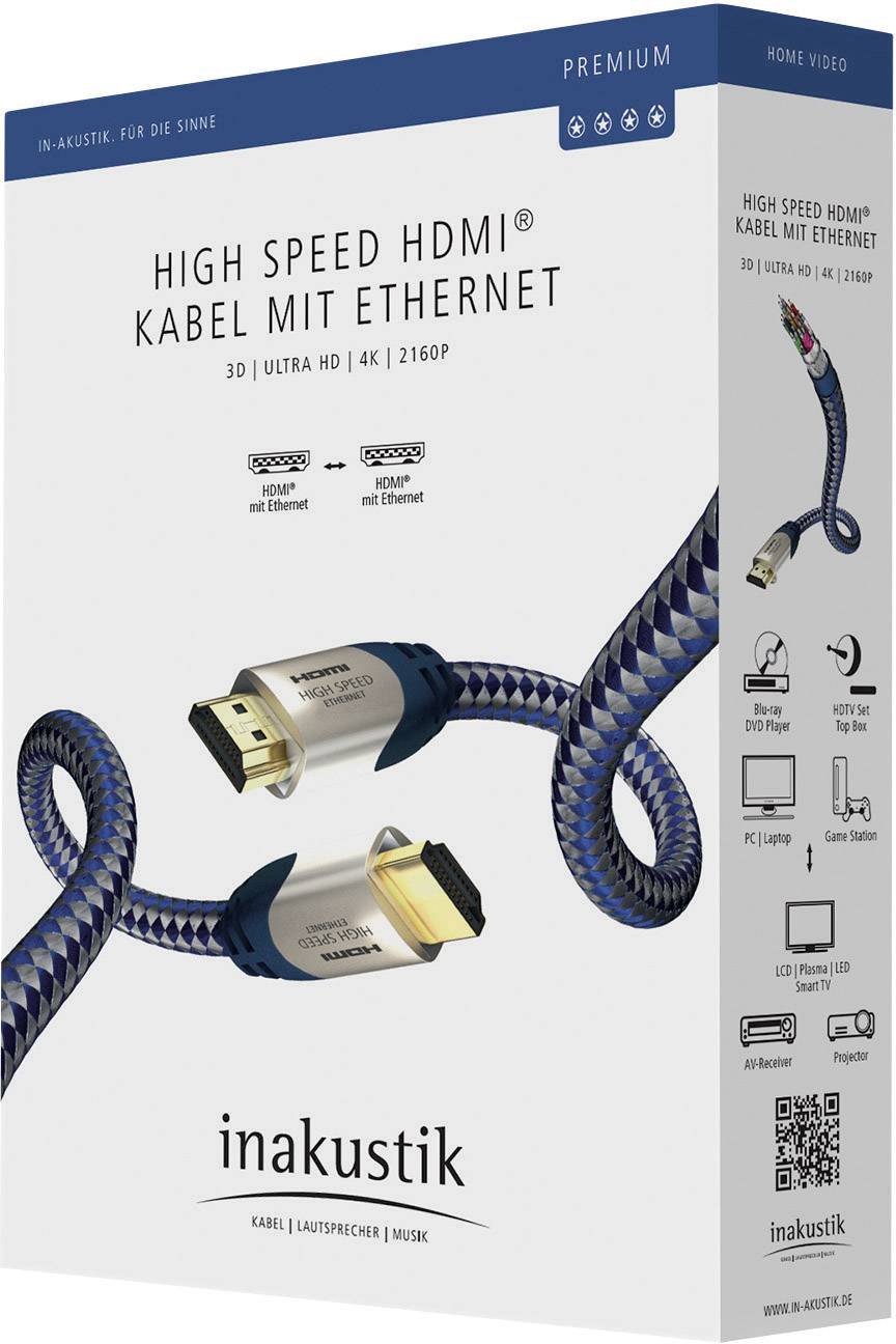 Inakustik HDMI Anschlusskabel HDMI-A Stecker, HDMI-A Stecker 3.00 m Silber-Blau 0042303 Audio Return Channel, vergoldete Steckkontakte, gesleeved