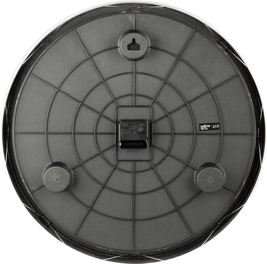 Rückseite eines runden, großen dekorativen Gegenstands mit sichtbarem Aufhänger und drei kleinen Füßen oder Abstandshaltern.