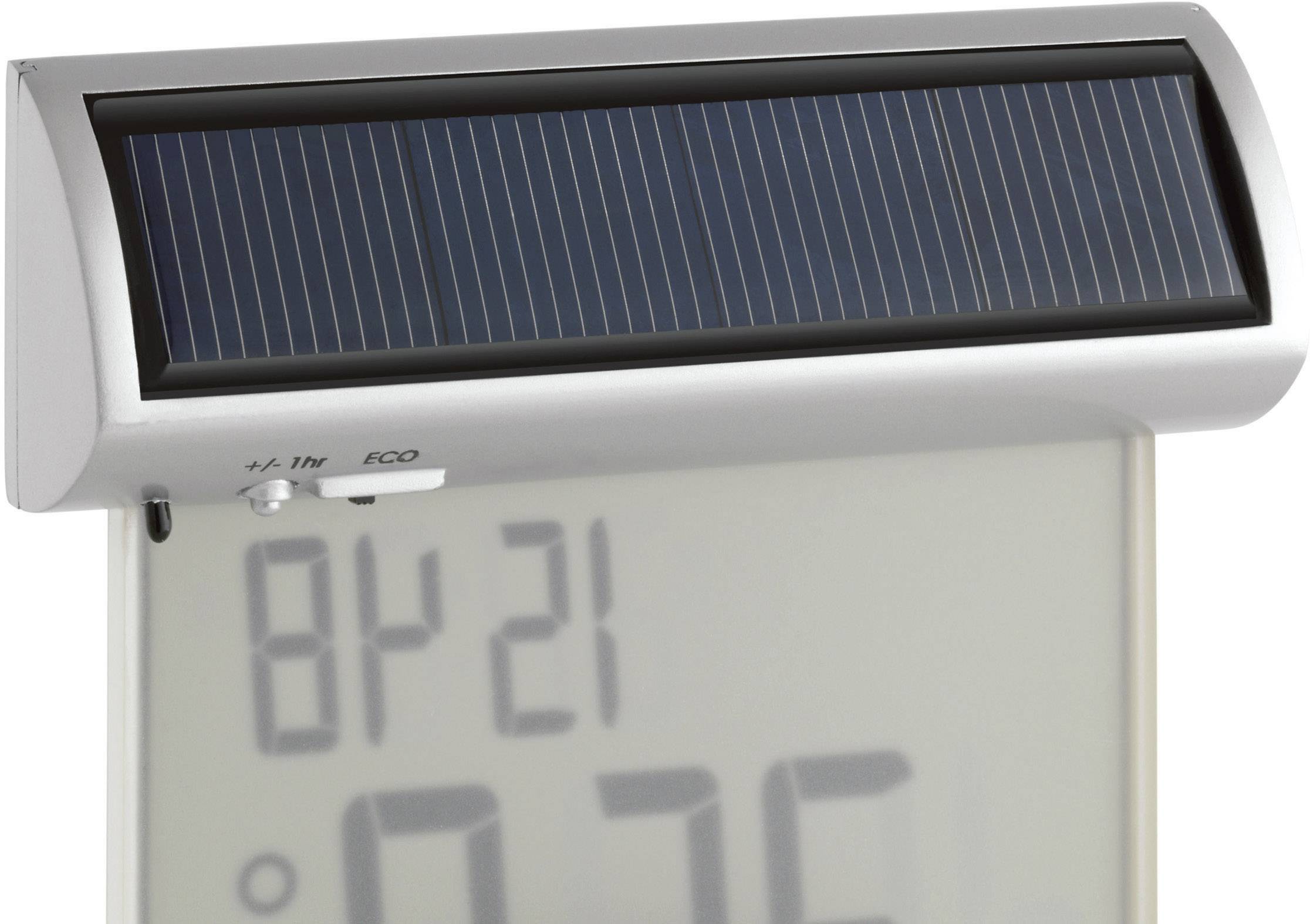Digitales Thermometer mit Solarmodul und Display, zeigt 21 Grad Celsius an.
