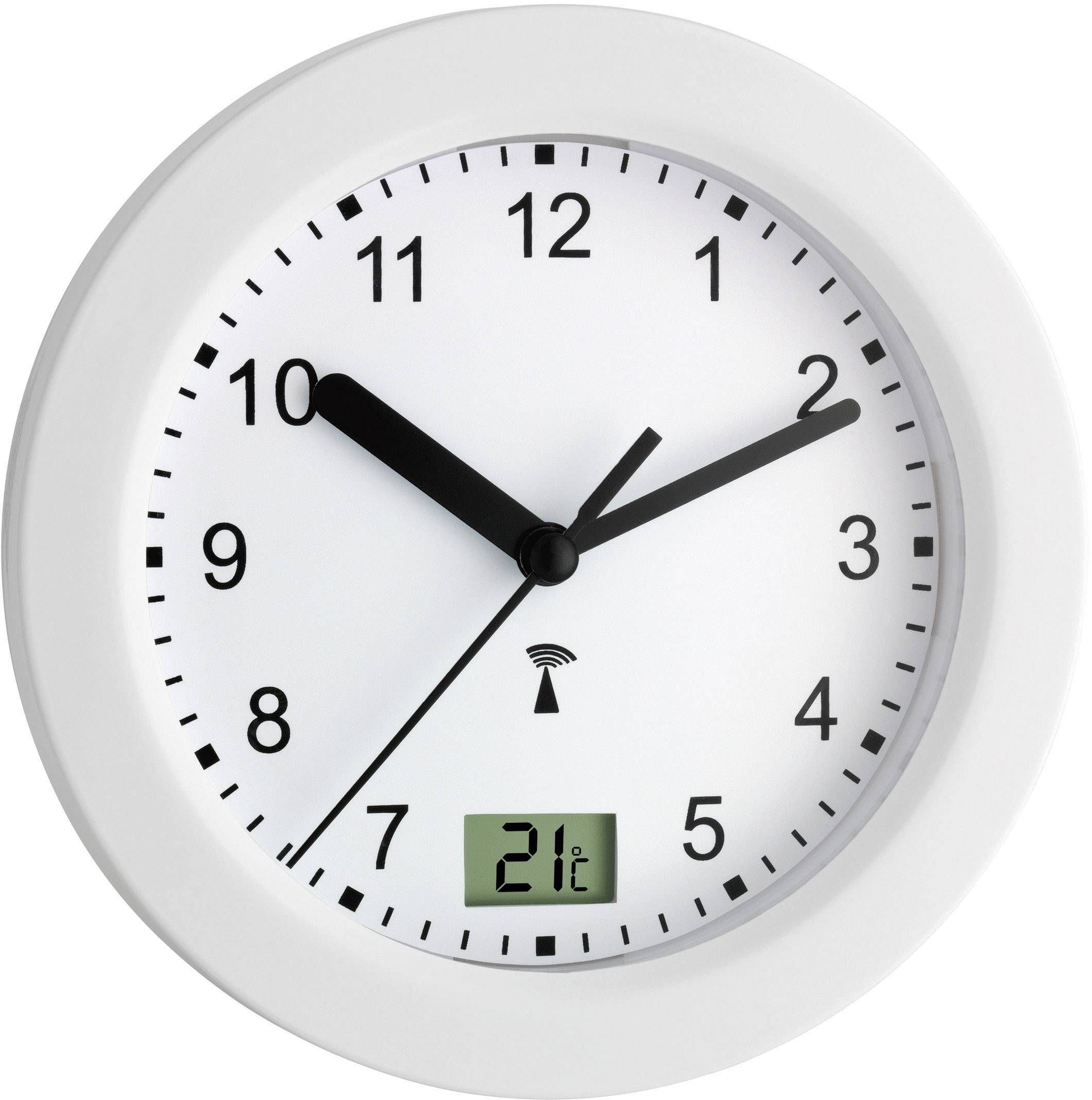Weiße Wanduhr zeigt 10:10 Uhr, digitales Display darunter zeigt 21°C. Uhr hat Funksignal-Icon, schwarzes Zifferblatt und Zeiger.