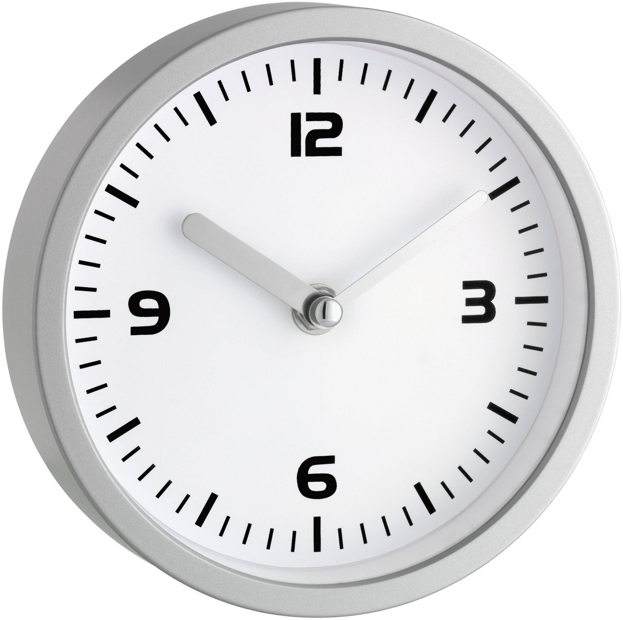 Runde Wanduhr mit silbernem Rahmen zeigt 10:10 Uhr.
