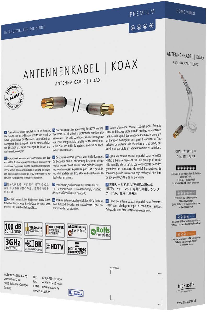 Inakustik Antennen Anschlusskabel [1x Antennenstecker 75 Ω - 1x Antennenbuchse 75 Ω] 5.00 m 100 dB vergoldete Steckkontakte Weiß