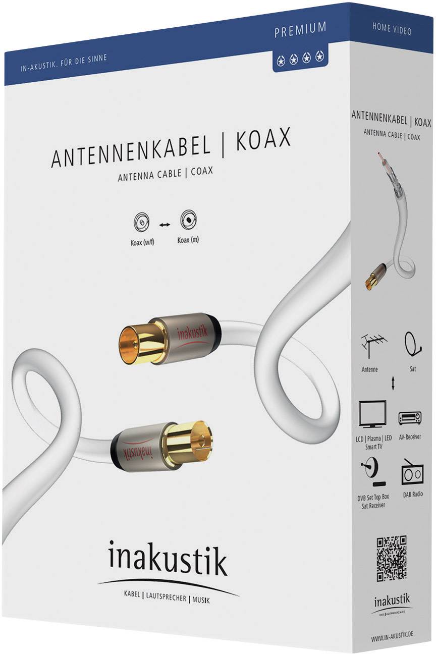 Inakustik Antennen Anschlusskabel [1x Antennenstecker 75 Ω - 1x Antennenbuchse 75 Ω] 5.00 m 100 dB vergoldete Steckkontakte Weiß