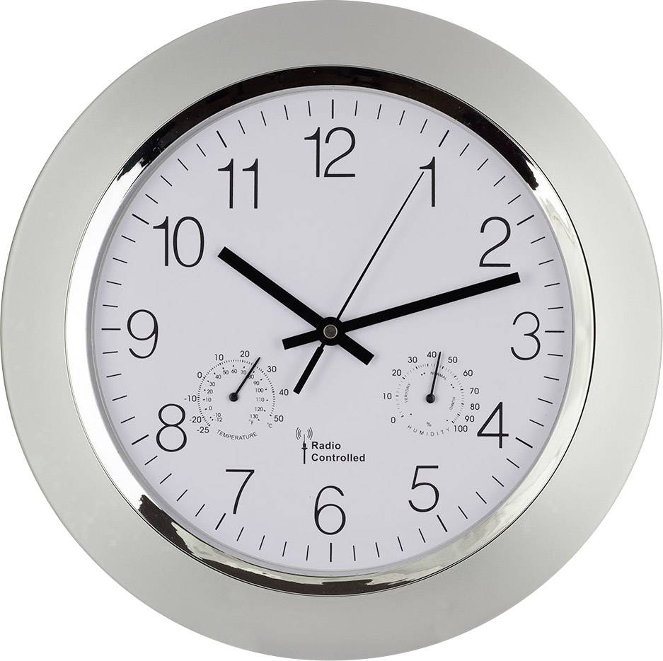 Eine runde Wanduhr zeigt 10:10 Uhr an. Zwei zusätzliche Zifferblätter auf 6 Uhr positioniert messen Temperatur und Luftfeuchtigkeit.