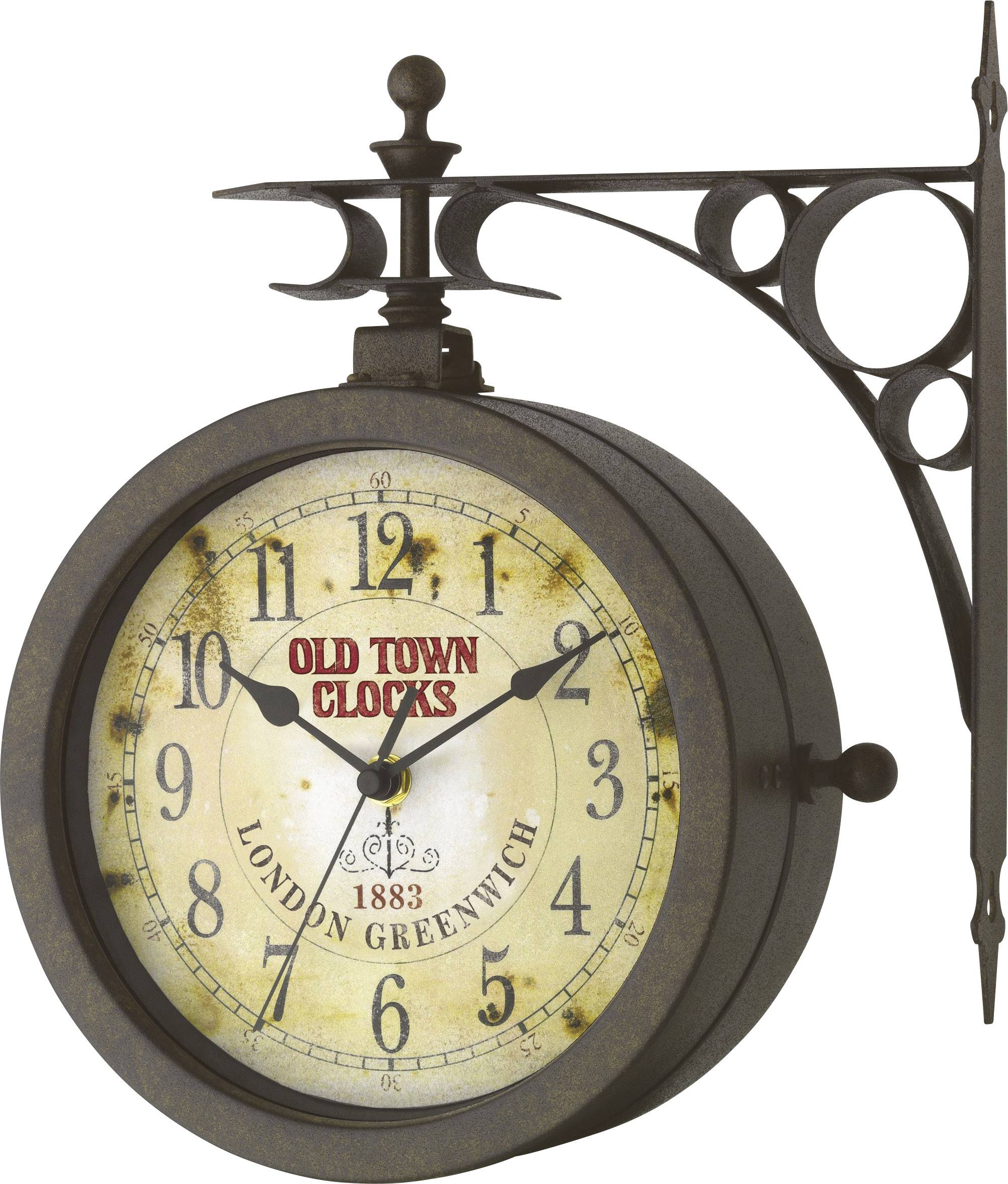 Antike Wanduhr mit Aufschrift 'Old Town Clocks 1883 London Greenwich'. Zeigt 10:10 Uhr. Dekorativer, rustikaler Stil.