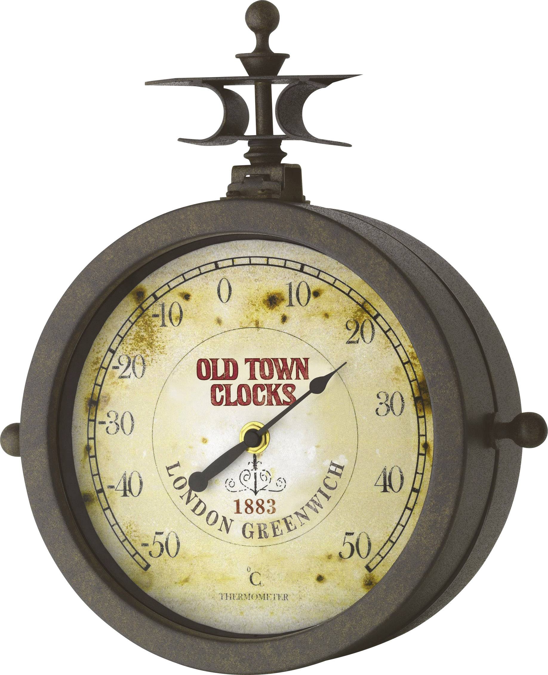 Runde Wanduhr mit antikem Design, zeigt das Old Town Clocks Logo, Datum 1883, mit Beschriftung 'London Greenwich', Temperaturanzeige integriert.