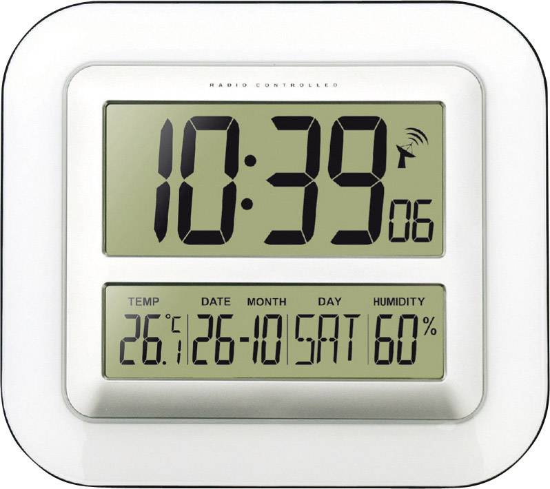 Eine digitale Wanduhr zeigt 10:39:06 Uhr, Datum 26. Oktober, Samstag. Temperatur 26°C, Luftfeuchtigkeit 60%.