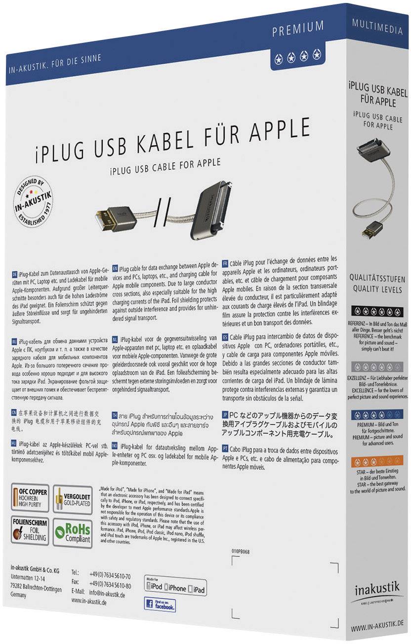 Inakustik Apple iPad/iPhone/iPod Anschlusskabel [1x USB 2.0 Stecker A - 1x Apple Dock-Stecker 30pol.] 2.00 m Weiß