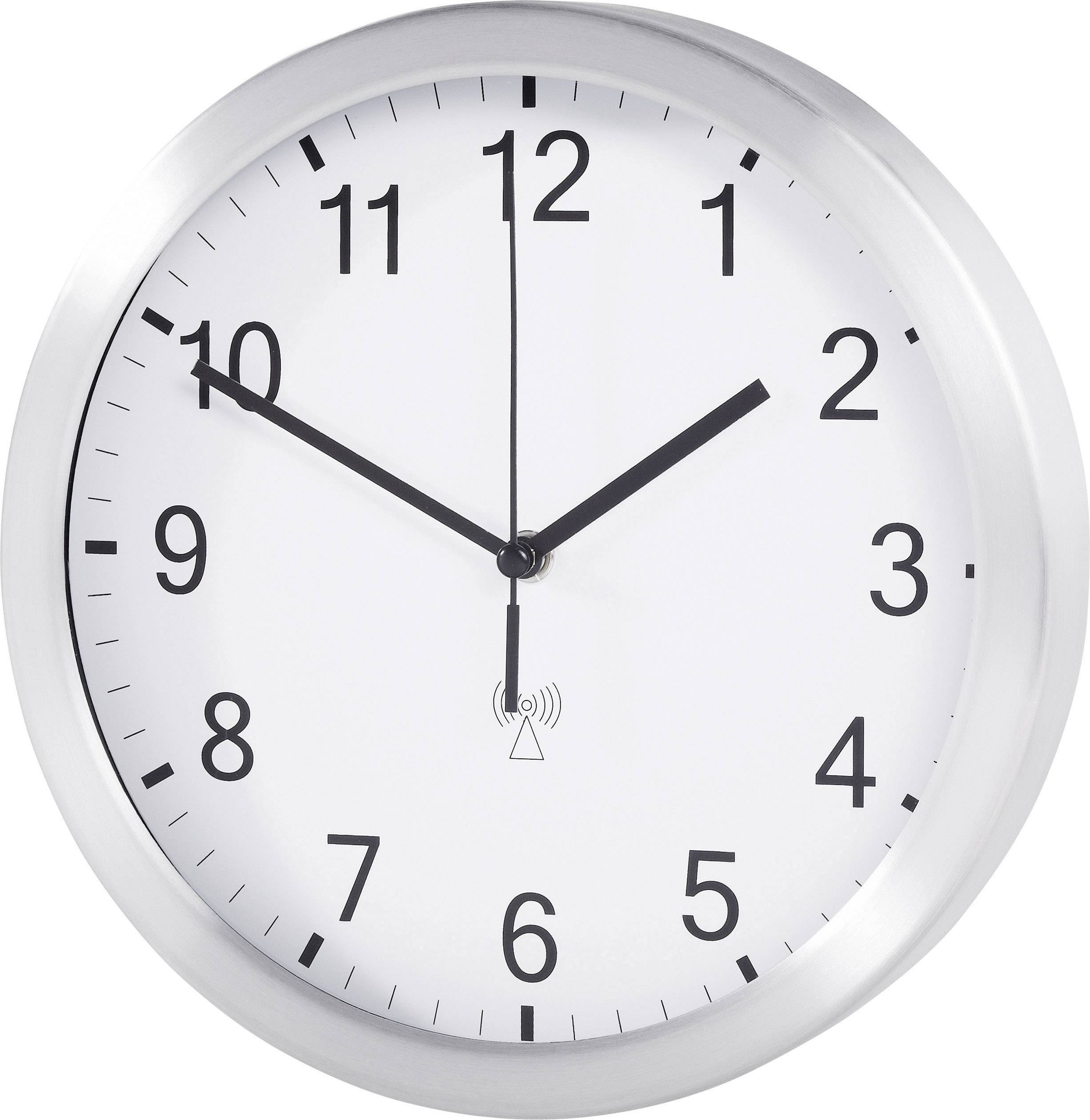 Eine analoge Wanduhr mit silbernem Rahmen zeigt 10:10 Uhr an.