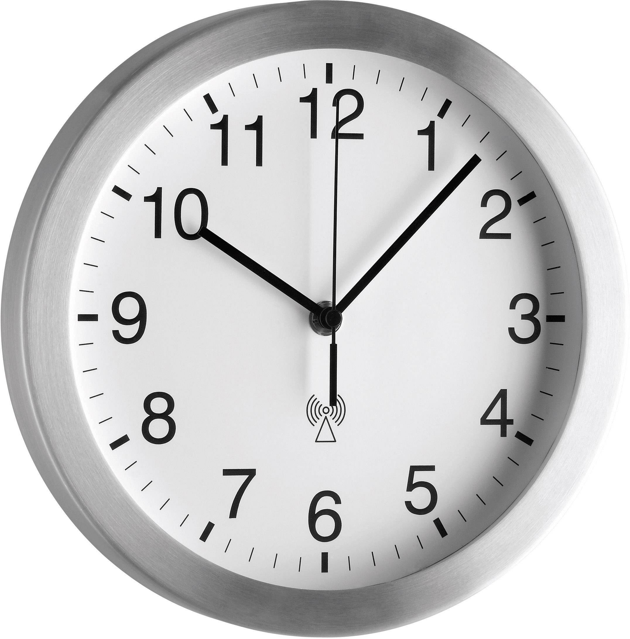 Analoge Wanduhr mit silbernem Rahmen zeigt 10:10 Uhr.