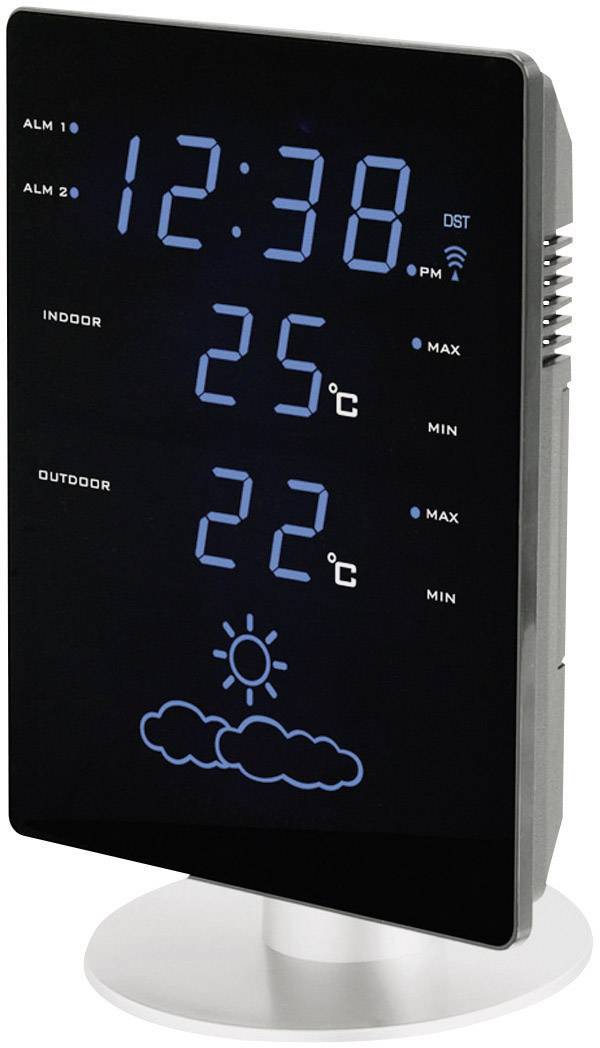 Digitaler Tischwecker mit blauer LED-Anzeige zeigt die Uhrzeit 12:38, Innentemperatur 25°C und Außentemperatur 22°C an.