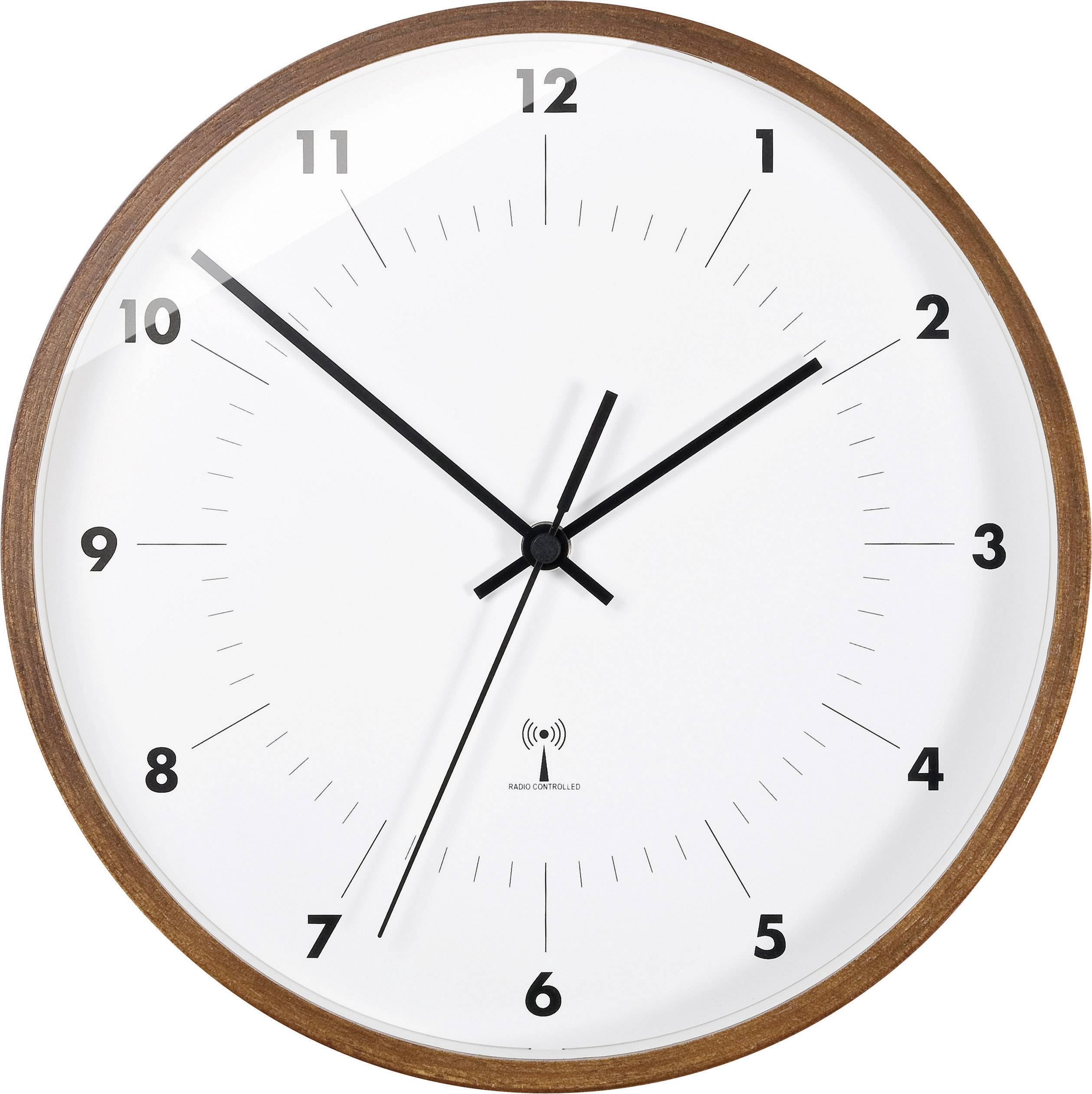 Eine analoge Wanduhr mit braunem Rahmen zeigt 10:10 Uhr. Die Uhr hat schwarze Stunden- und Minutenzeiger sowie Minutenmarkierungen.
