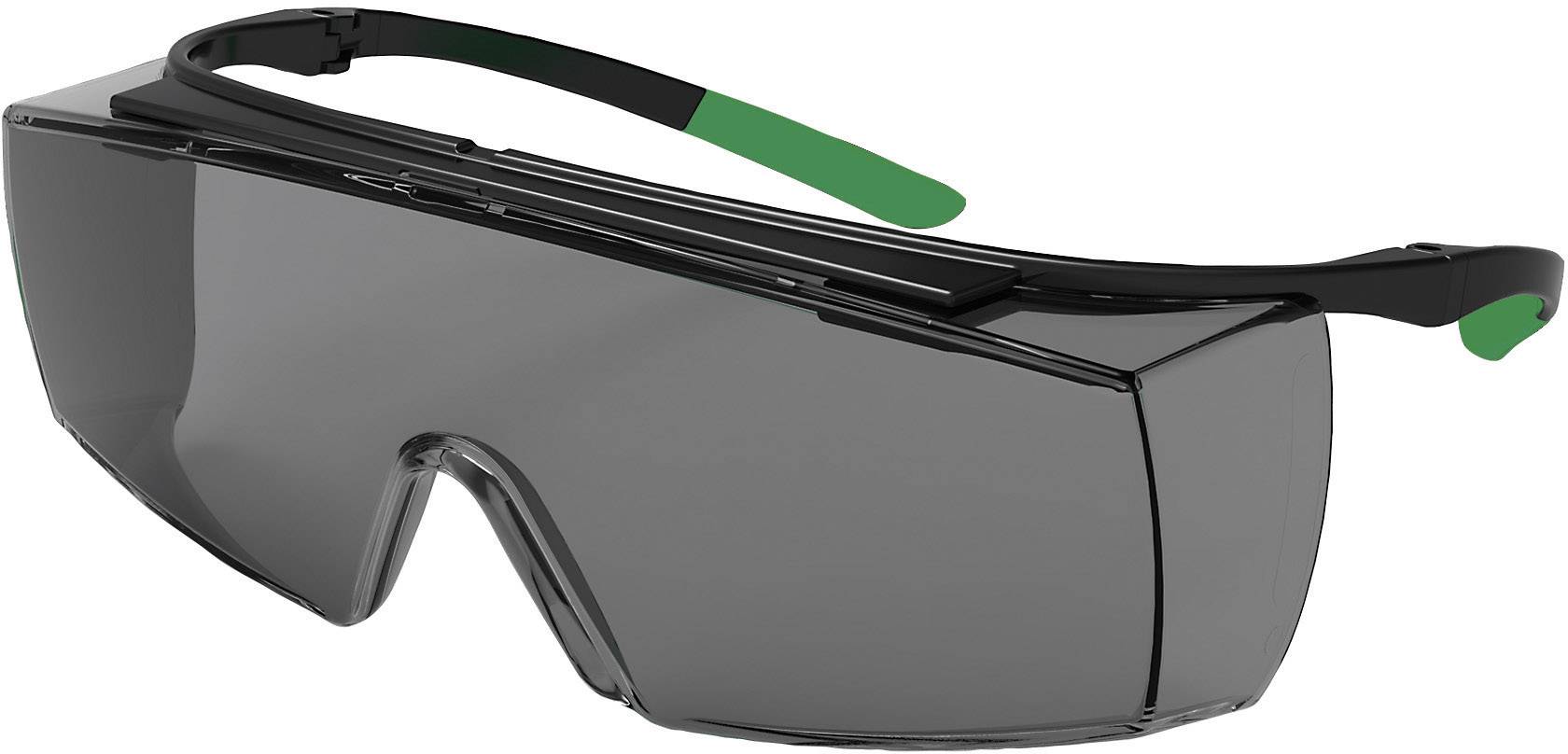 Schutzbrille mit getönten Gläsern, schwarzem Rahmen und grünen Akzenten an den Bügeln, geeignet für Arbeitsschutz und Outdoor-Aktivitäten.