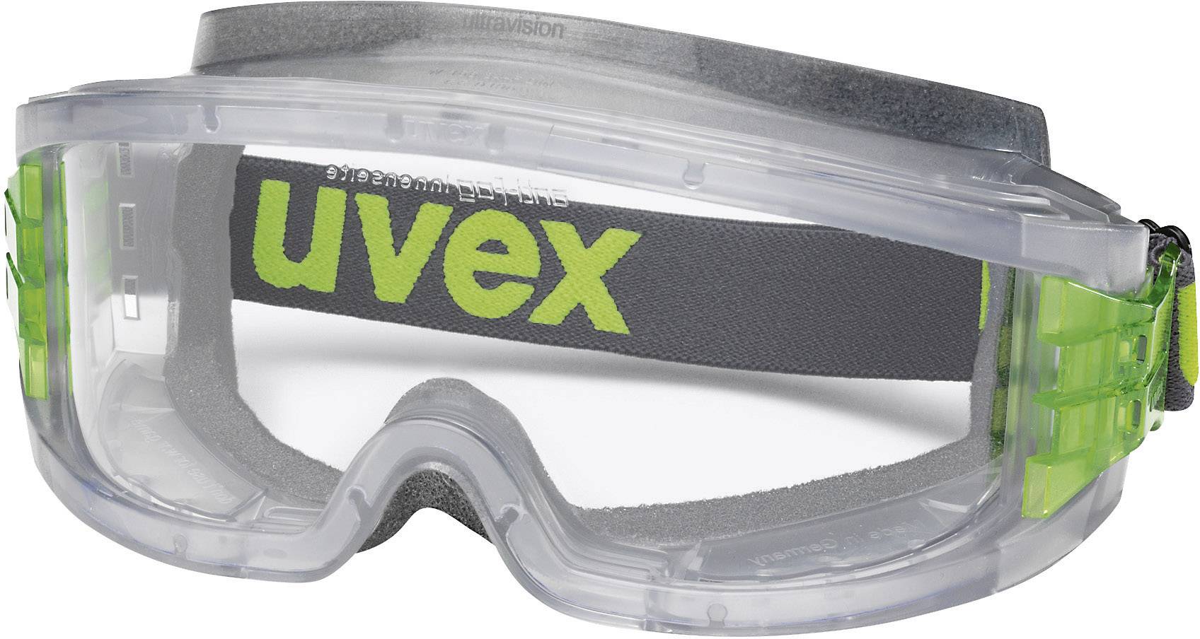 Schutzbrille mit klarem Visier und elastischem Band. 'uvex' steht auf dem Band. Geeignet für den Einsatz in Sicherheitsumgebungen.