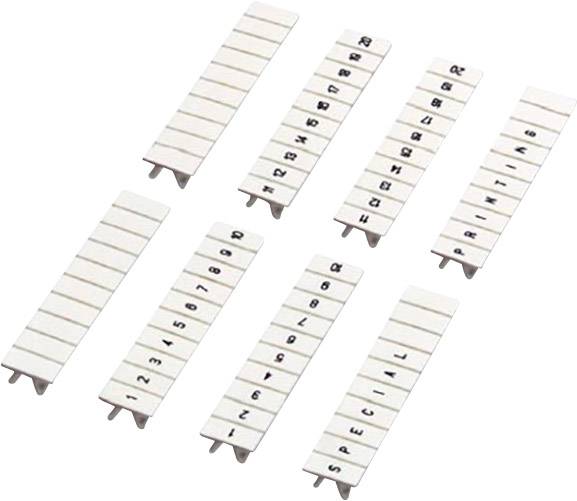 Weiße Kunststoffmarkierer mit schwarzen Buchstaben und Zahlen in Reihen angeordnet. Dienen zur Kennzeichnung von Leitungen oder Kabeln.