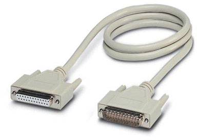 Ein graues Datenkabel mit zwei 24-poligen Steckerenden, verwendet zur Verbindung zwischen Drucker und Computer.