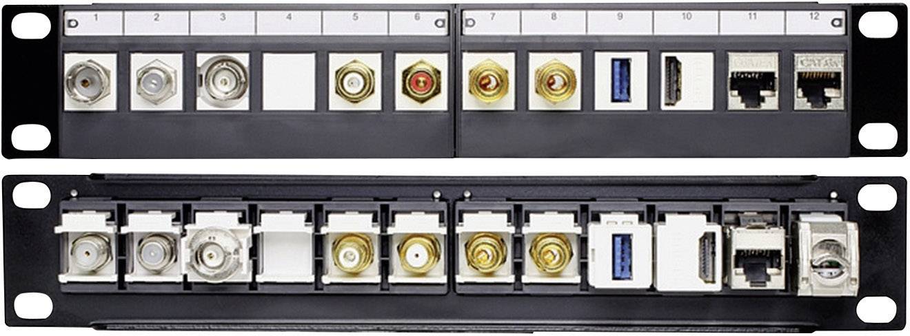 Patchpanel mit verschiedenen Anschlüssen: Koaxial, Audio, USB, Netzwerk. Ober- und Unteransicht zeigen unterschiedliche Anschlussvarianten.