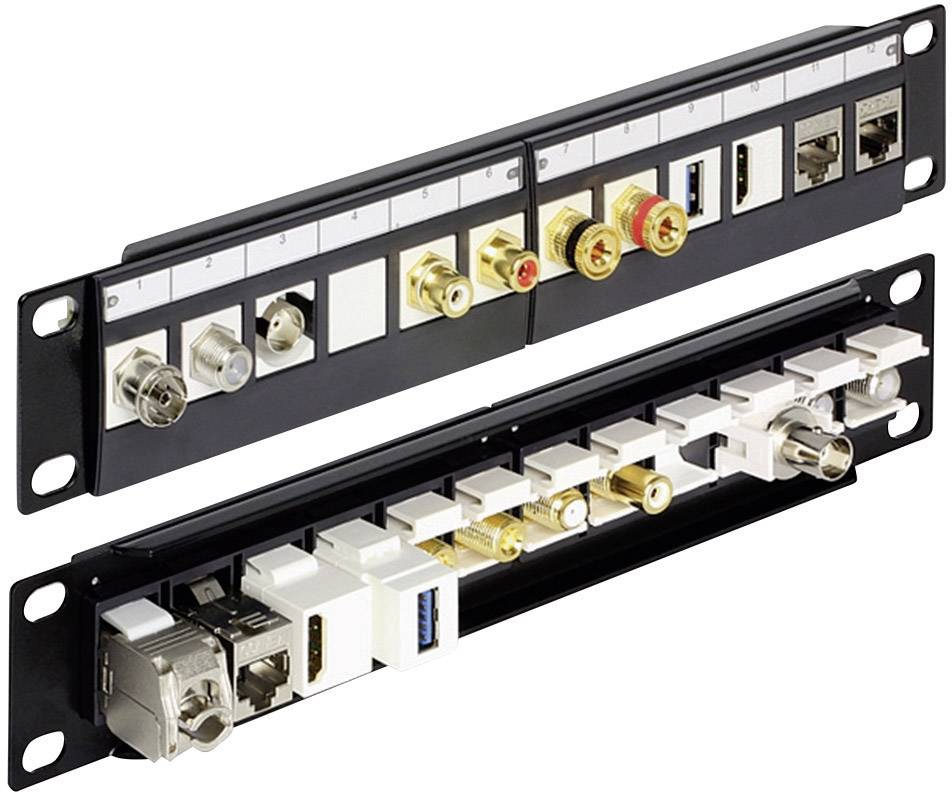 Ein Patchpanel mit verschiedenen Anschlüssen, darunter USB- und Audioanschlüsse, auf zwei horizontalen Reihen. Geeignet für vielfältige Verbindungen.