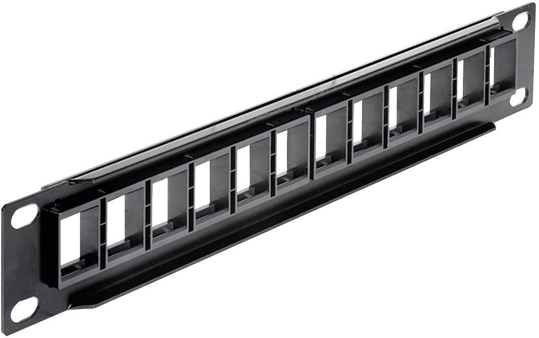 Ein schwarzes Netzwerkkabel-Patchpanel mit 12 Ports zur Organisation und Verwaltung von Kabelverbindungen für IT-Infrastrukturen.