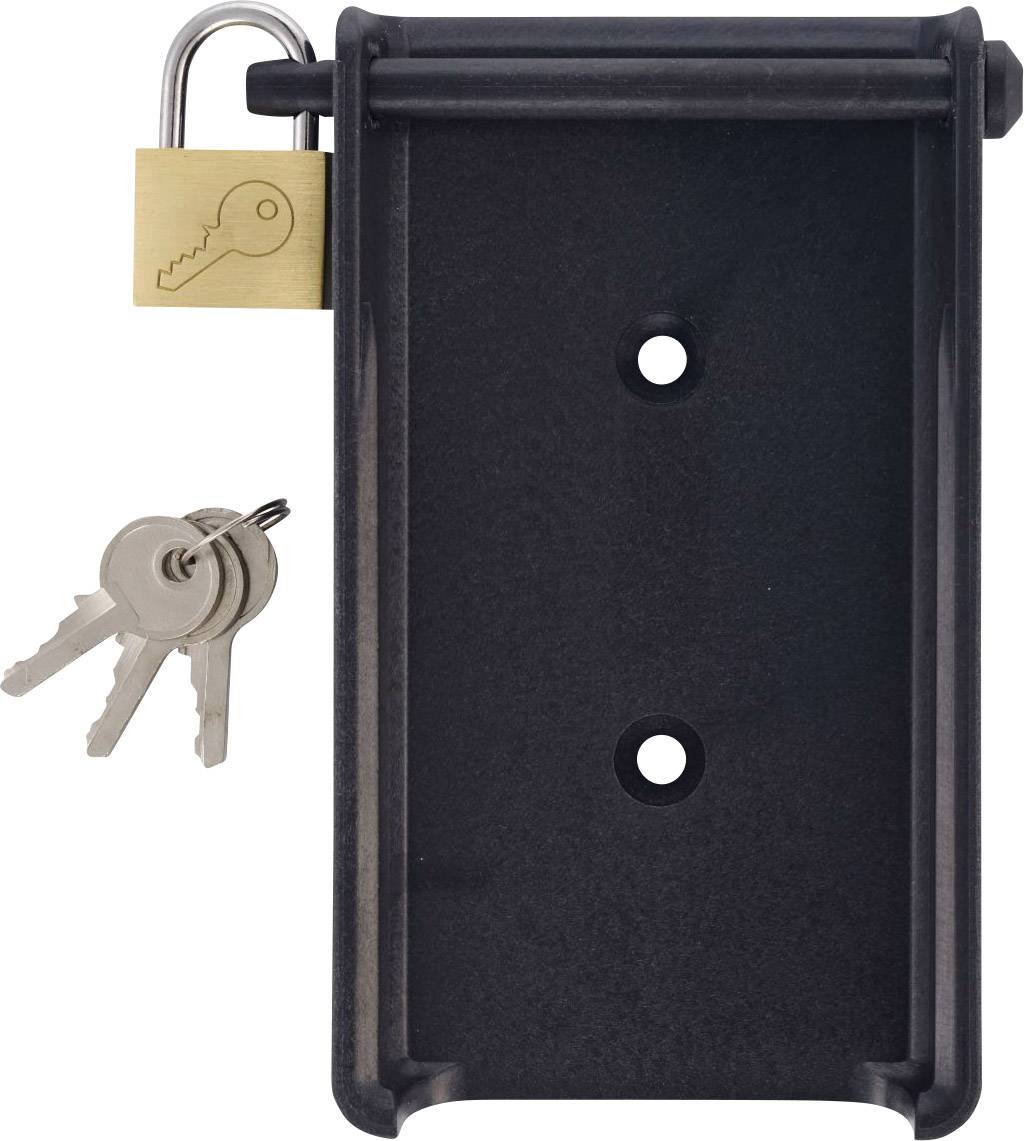 Schwarze Halterung mit Vorhängeschloss und zwei Schlüsseln.