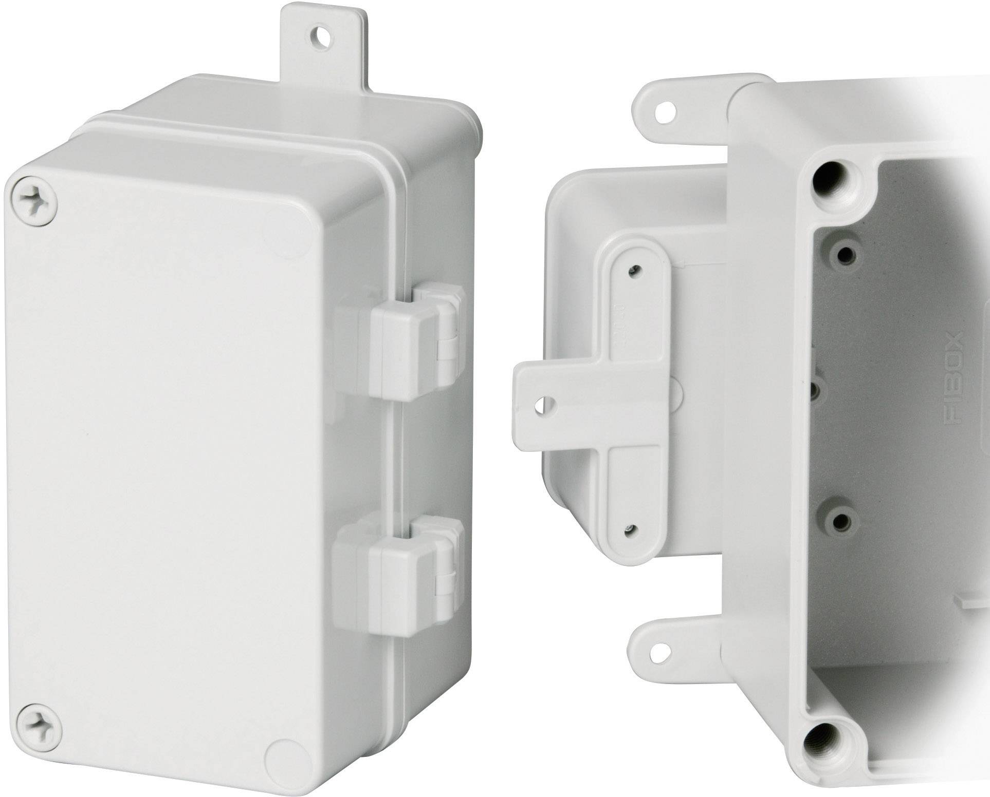 Gehäuse aus weißem Kunststoff, robust mit abgerundeten Ecken. Zwei Aufnahmen: geschlossen mit Schrauben, offen zeigt Innenraum und Befestigungsbohrungen.