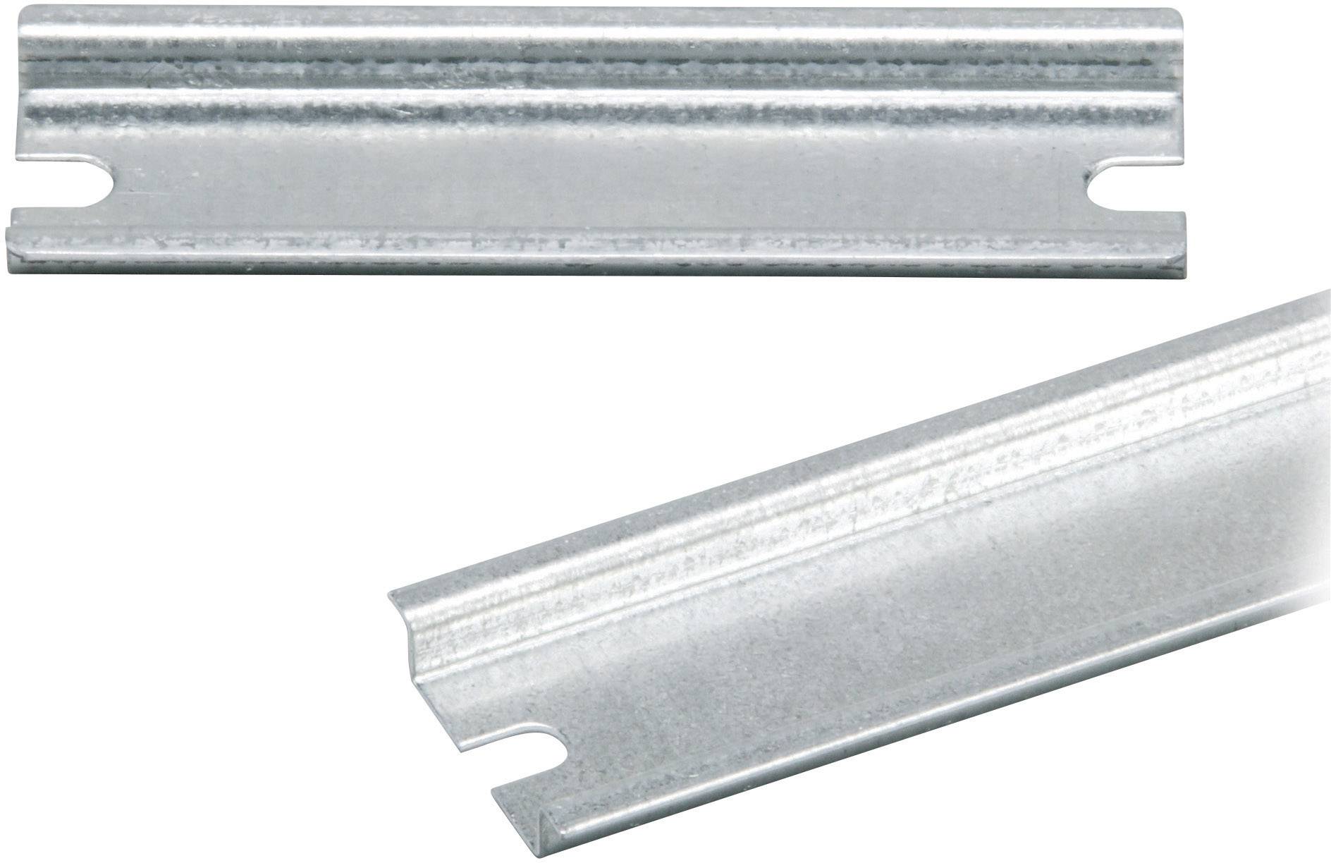 Ein Metallprofil mit rechteckiger Form und Schraublöchern an den Enden, verwendet zur Befestigung oder als Schiene in Baukonstruktionen.