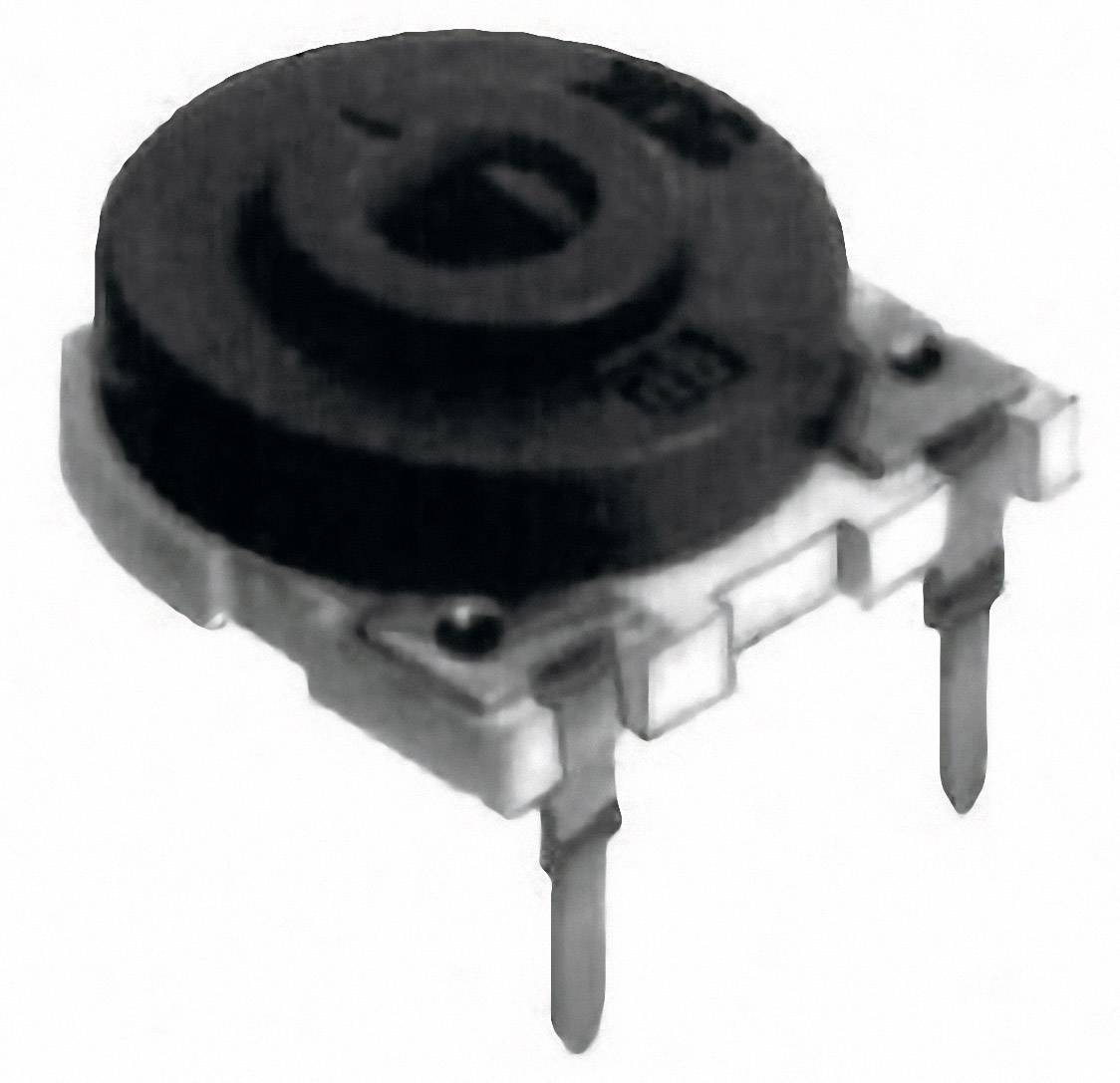 Ein elektrisches Bauelement, vermutlich ein Drehpotentiometer, mit zwei Metallstiften zur Befestigung und Einstellung des Widerstands.