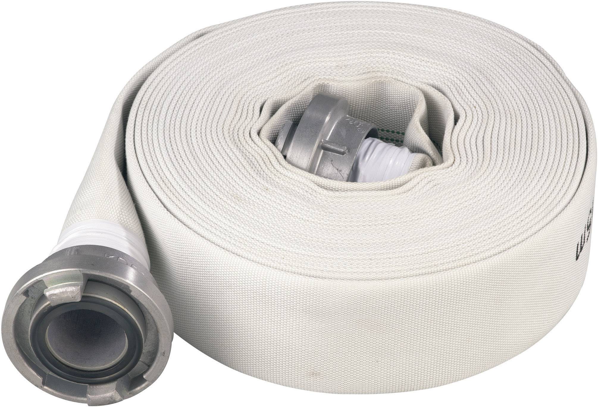 Ein zusammengerollter Feuerwehrschlauch mit Armaturen an beiden Enden, bereit zur Verwendung bei Lösch- oder Rettungseinsätzen.