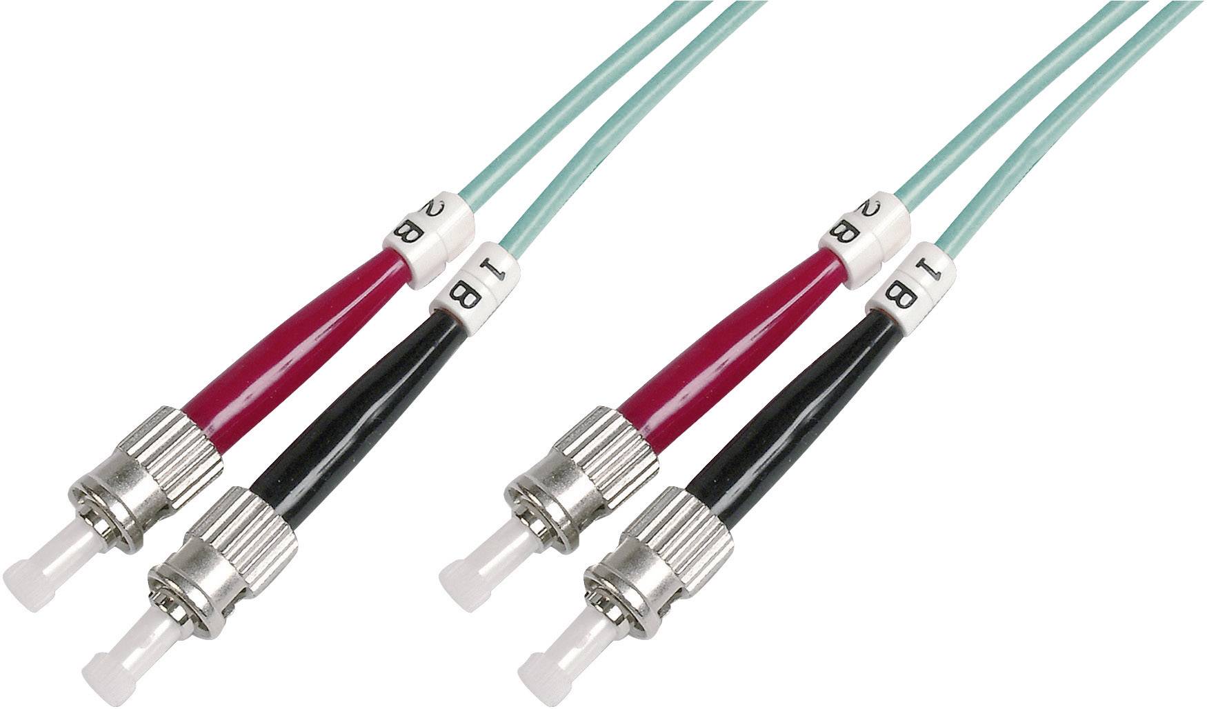 Zwei LWL-Kabel mit ST-Steckern, eines rot, das andere schwarz. Beide Paare sind identisch und dienen der Datenübertragung.