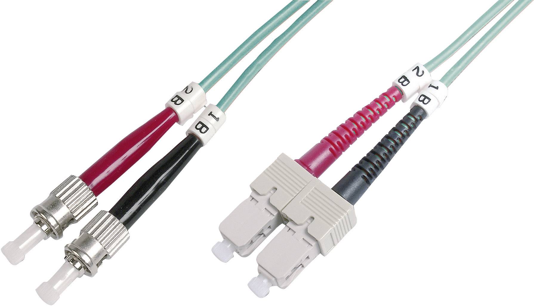 Zwei Glasfaserkabel mit SC- und FC-Steckern zeigen unterschiedliche Steckverbindungen. Die SC-Stecker sind quadratisch, FC-Stecker rund.