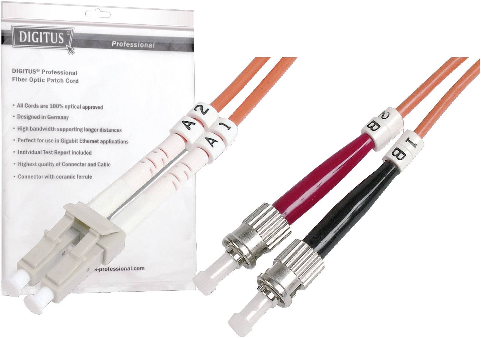 'Digitus' Glasfaser-Patchkabel mit LC/PC- und ST/PC-Steckern, doppelt in Orange und Schwarz, geeignet für lnglische Anwendungen.