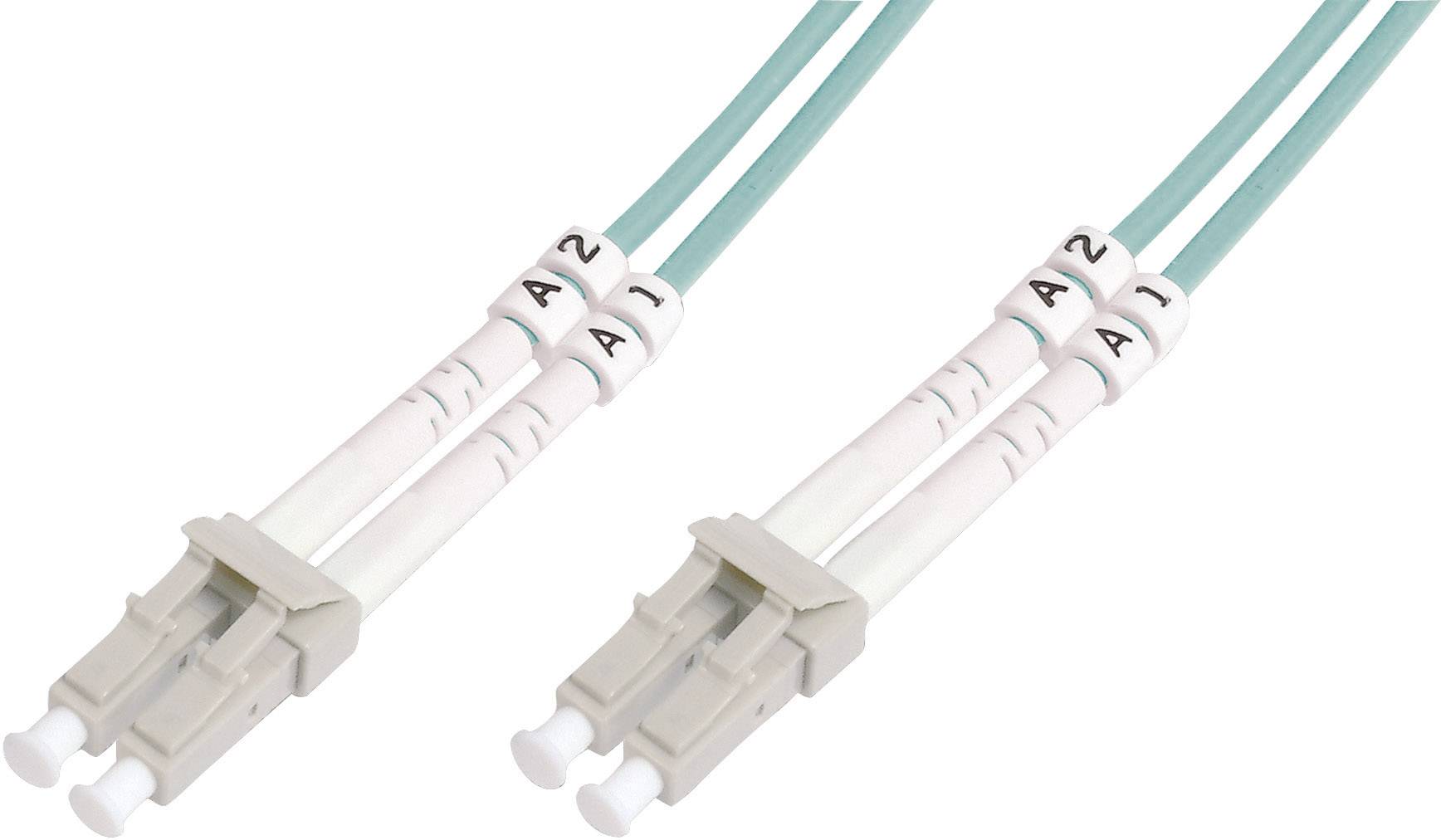 Zwei LC-LC-LWL-Verbinder mit türkisfarbenem Kabel, die eine Datenübertragung ermöglichen.