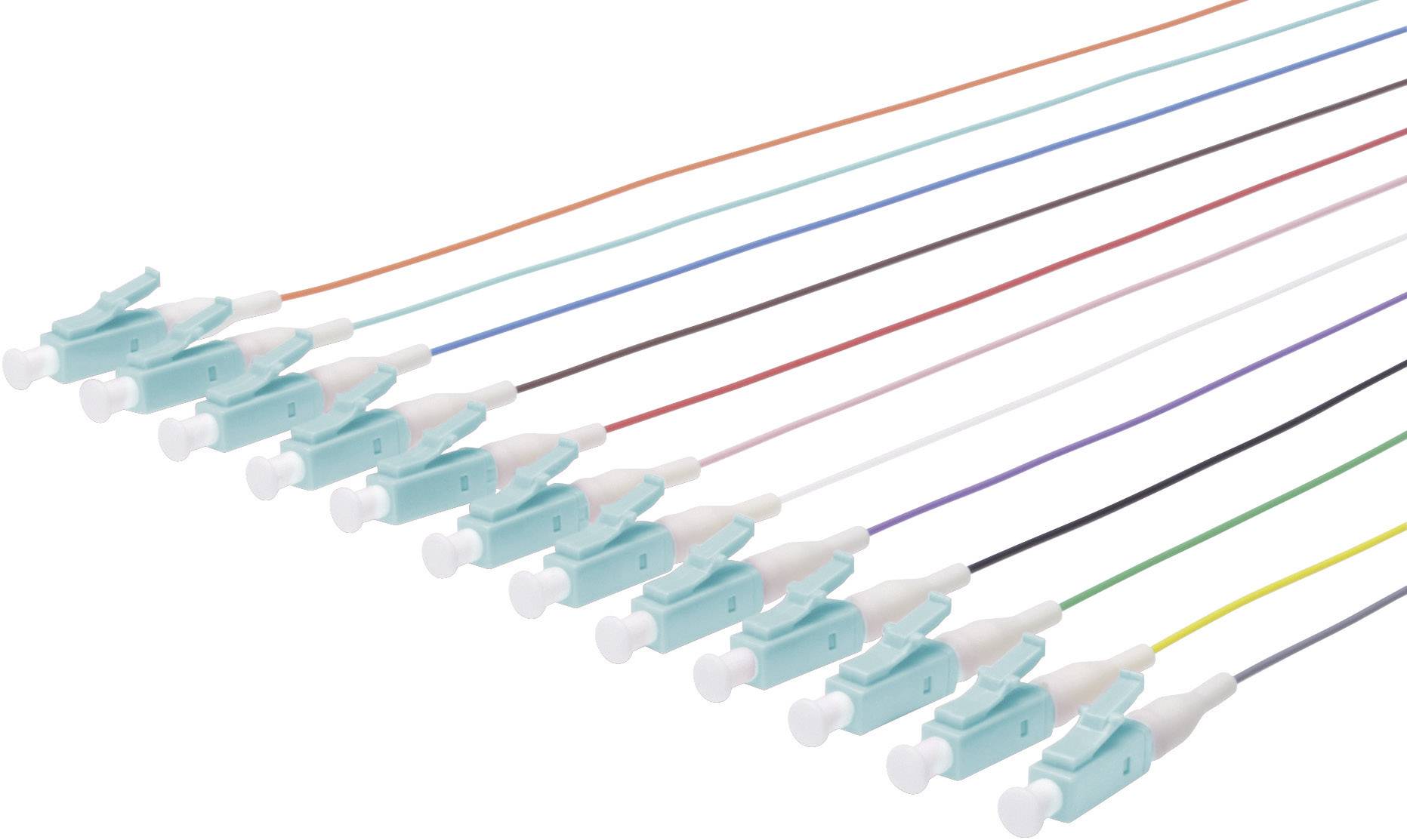 Mehrere bunte Glasfaserkabel mit blauen Steckverbindern. Sie sind in einer geraden Linie angeordnet, sodass alle Stecker parallel zueinander liegen.