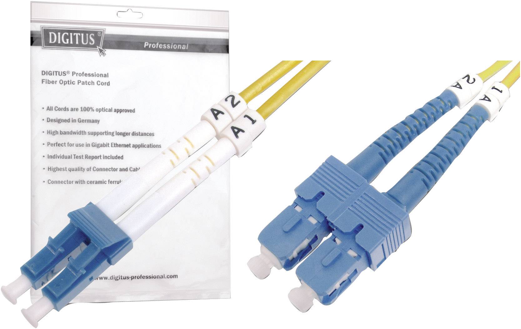 Zwei LC-LC-Faseroptikkabel mit blauen Steckern und gelben Kabeln, geeignet für hohe Bandbreiten und lange Entfernungen, auf Verpackung abgebildet.