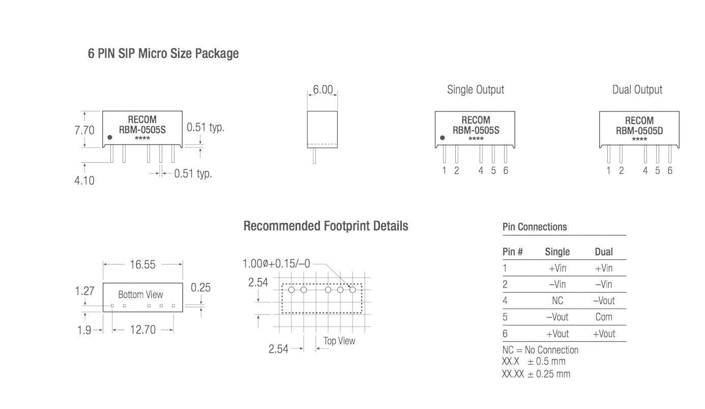 RECOM RBM-0505D DC/DC-Wandler, Print 5 V/DC 5 V/DC, -5 V/DC 100mA 1W Anzahl Ausgänge: 2 x Inhalt 1St.