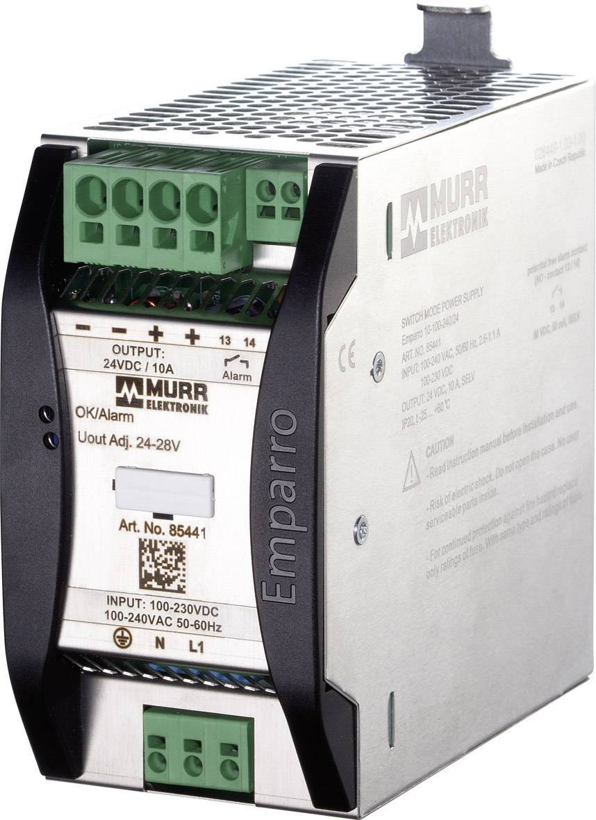 Das Bild zeigt ein Emparro Netzteil von Murrelektronik, 24VDC und 10A. Graues Gehäuse mit grünem Anschlussblock und schwarzer Abdeckung.
