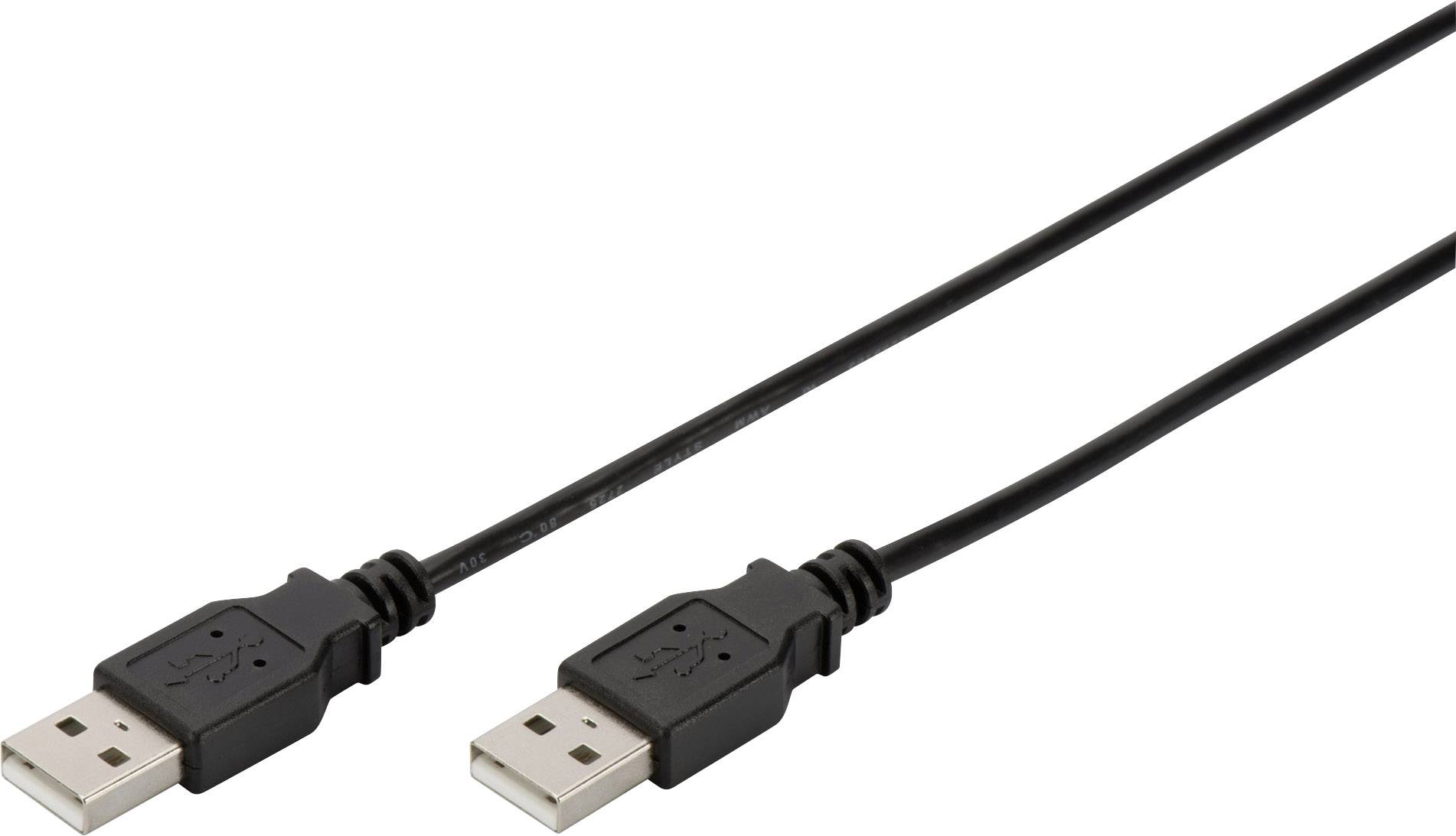 Schwarzes USB-Kabel mit zwei USB-A-Steckern, zeigt beide Enden deutlich.丶